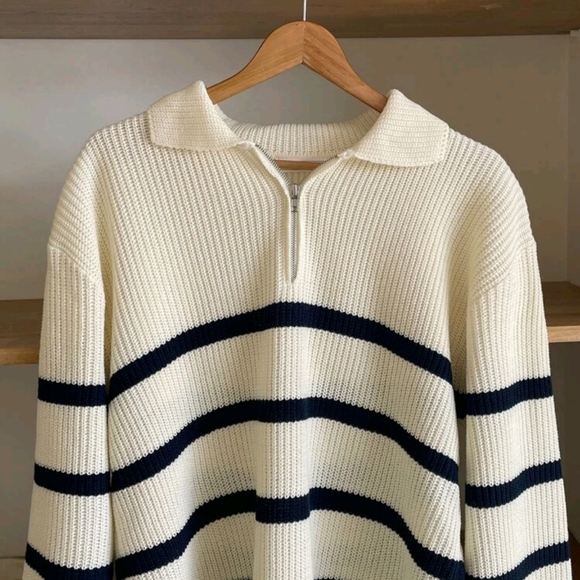 Men Striped Pattern Polo Neck Fall Sweater Without Tee - Picture 3 of 7